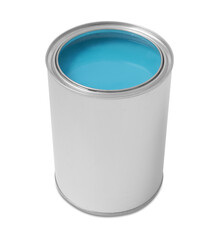 Can with light blue paint on white background