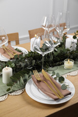 Stylish elegant table setting for festive dinner indoors