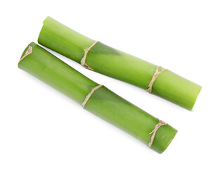 Pieces of beautiful green bamboo stems on white background, top view