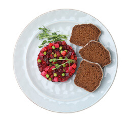 Delicious vinaigrette salad with slices of bread isolated on white, top view