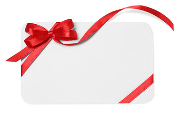 Blank gift card with red bow isolated on white, top view