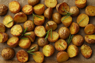Tasty baked potato and aromatic rosemary on parchment paper, flat lay