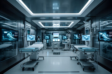 Operating room in the hospital of the future. Blu filter. Generation AI