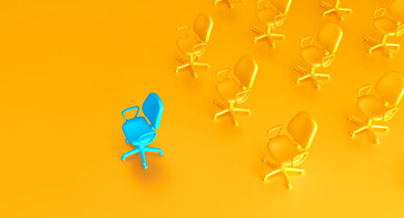 Office chairs competing with each other. Leadership concept. We are hiring. 3D Rendering. 