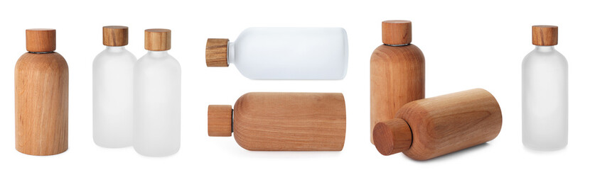 Collage with different bottles isolated on white