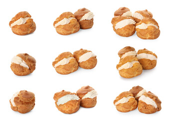 Delicious profiteroles with whipped cream filling on white background, collage design