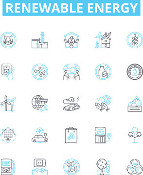 Renewable energy vector line icons set. Solar, Wind, Hydro, Biomass, Geothermal, Tidal, Wave illustration outline concept symbols and signs