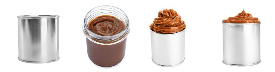 Collage with boiled condensed milk on white background