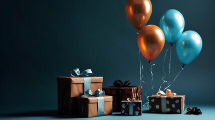 Beautifully Wrapped Gifts with Ribbons and Balloons on Moody Dark Blue Backdrop - Masculine Fathers Day and Boys Birthday Colors - Generative AI
