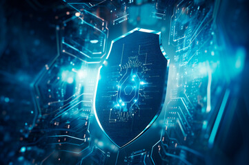 Obraz premium digital cyber security concept, shield on circuit board background with blue lights. abstract technology background. AI generated