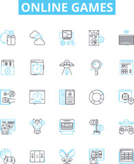 Online games vector line icons set. Online, Games, Multiplayer, Gaming, MMORPG, Puzzle, Adventure illustration outline concept symbols and signs