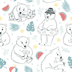 The cute bears are on vacation at sea. Summer seamless pattern with cute little bears with flowers, fruits, and leaves. Hand-drawn colorful flat vector illustration.