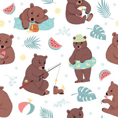The bears are on vacation at sea. Summer seamless pattern with cute little bears with flowers, fruits, and leaves. Hand-drawn colorful flat vector illustration.