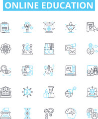 Online Education vector line icons set. Elearning, Distance, Courses, Webinars, Virtual, Tutorials, Classes illustration outline concept symbols and signs