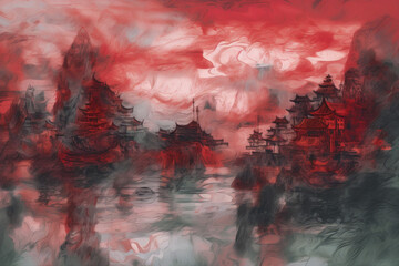 Coastal scenery influenced by ancient Chinese art.