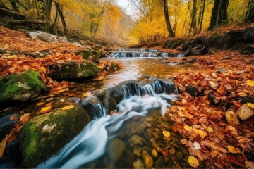 Fototapeta na wymiar Stream in autumn golden forest.