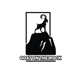 GOAT AT THE ROCK LOGO, silhouette of great ram stand on high rock vector illustrations