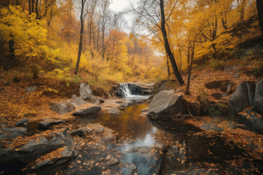 Stream in autumn golden forest.