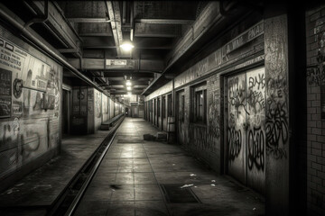 Fototapeta na wymiar Underground subway corridor, urban, graffiti, dirty. Generative AI