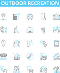 Outdoor recreation vector line icons set. Hiking, Camping, Swimming, Kayaking, Fishing, Climbing, Sailing illustration outline concept symbols and signs