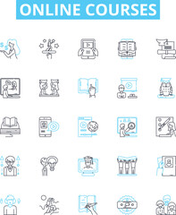 Online courses vector line icons set. E-learning, Training, Webinars, Tutorials, Distance Education, MOOCs, Lectures illustration outline concept symbols and signs