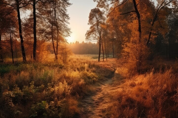 beautiful glade and trees in the autumn forest bright sunset and landscape in fall season