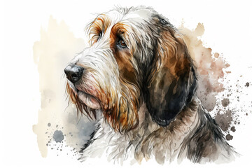 Generative AI. Watercolor portrait of a Basset Griffon Vendeen dog. Cute head of a domestic dog for print on pillow, T-shirt, card.
