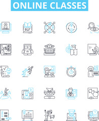 Online classes vector line icons set. Online, Classes, Learning, eLearning, Remote, Virtual, Webinars illustration outline concept symbols and signs