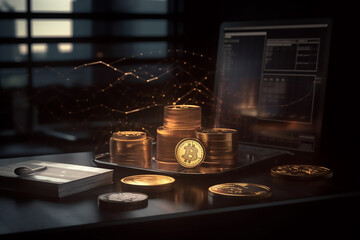 Golden opportunities: A 3D rendering of coins and cryptocurrency - Generative Ai