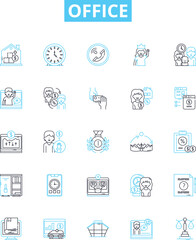 Office vector line icons set. Office, Desk, Chair, Cubicle, Workstation, Printer, Filing illustration outline concept symbols and signs