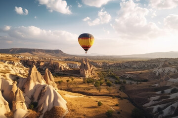 Balloon in the air over fantastic rock formations.