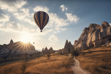 Balloon in the air over fantastic rock formations.