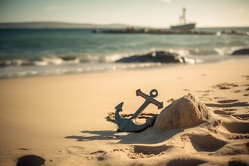Fototapeta na wymiar Anchor on the sandy beach. AI generated, human enhanced.