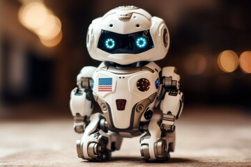 Cute little robot for friendship with kids. Modern technology concept. AI generated, human enhanced