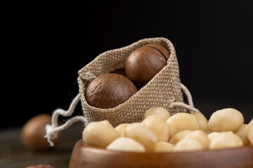 Peeled macadamia nuts on the table