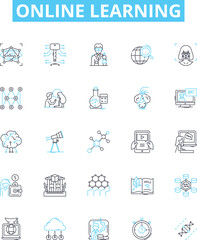 Online learning vector line icons set. eLearning, virtual, remote, digital, online, courses, tutoring illustration outline concept symbols and signs