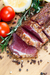 cooked dried piece of pork on the table