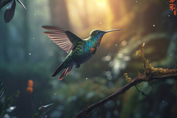 A tiny and delicate hummingbird resting on a branch amidst the green foliage of a forest. A beautiful sight to behold. AI Generative.