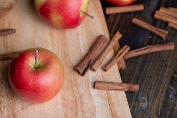 Fresh red and green apples on the kitchen table