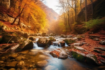 Beautiful waterfall in colorful autumn forest in mountains.