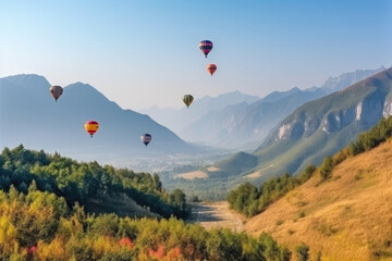 Fototapeta na wymiar Beautiful panoramic nature landscape of countryside mountains with colorful high hot air balloons festival in summer sky. 