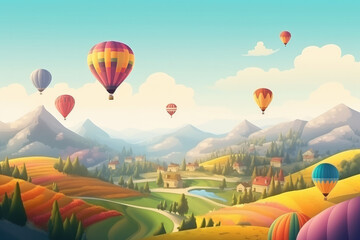 Beautiful panoramic nature landscape of countryside mountains with colorful high hot air balloons festival in summer sky. 