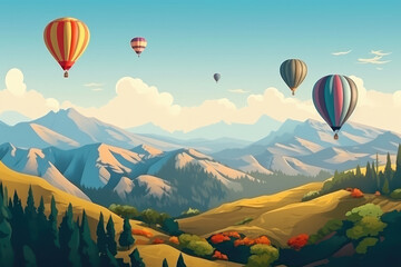 Obraz premium Beautiful panoramic nature landscape of countryside mountains with colorful high hot air balloons festival in summer sky. 