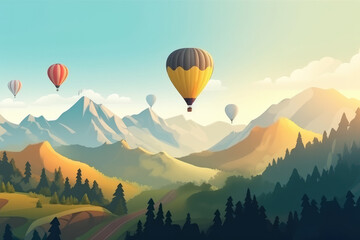 Fototapeta premium beautiful panoramic nature landscape of countryside mountains with colorful high hot air balloons festival in summer sky. 