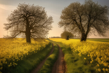 Cherry trees in bloom along a farm path in the warm light of the setting sun.