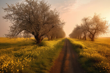 Fototapeta na wymiar Cherry trees in bloom along a farm path in the warm light of the setting sun.