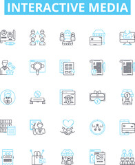 Interactive media vector line icons set. Interactive, Media, Online, Games, Multimedia, Animation, VR illustration outline concept symbols and signs