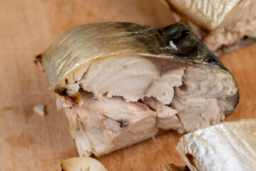 Fototapeta premium Smoked Atlantic mackerel cut into pieces