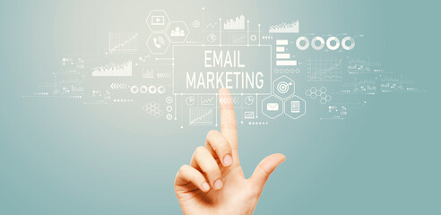 Email marketing with hand pressing a button