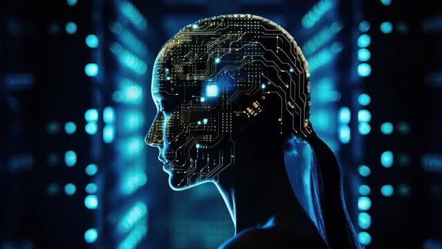Machine learning and cyber mind power in form of business woman face outline with circuit board.